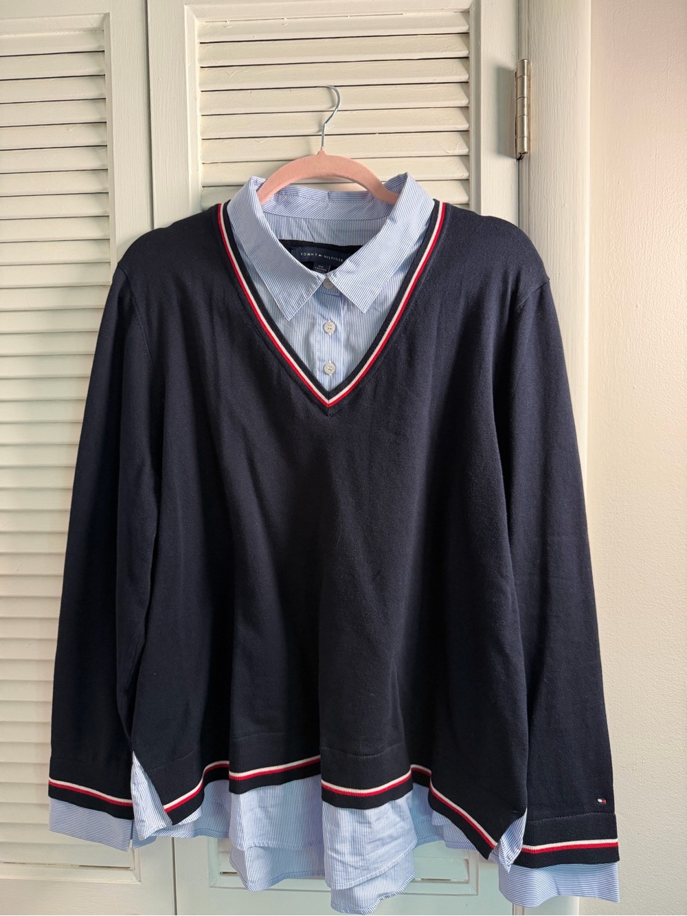 Tommy Hilfiger Navy V-Neck Sweater with Red & White Trim